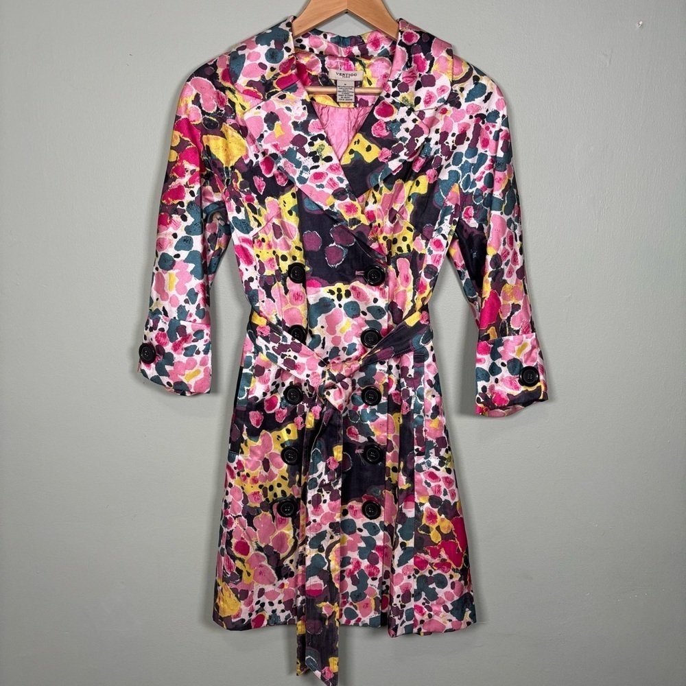 Vertigo Paris 3/4 Sleeve Belted Trench Jacket Coat-Bubbles Pink-Women Medium